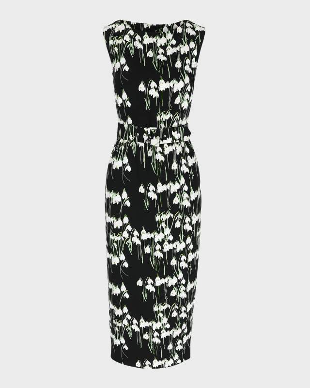 Flower-Print Boat-Neck Belted Midi Dress